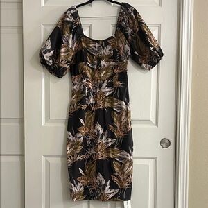 Walter Baker Black and Brown Leaf Print Midi Dress